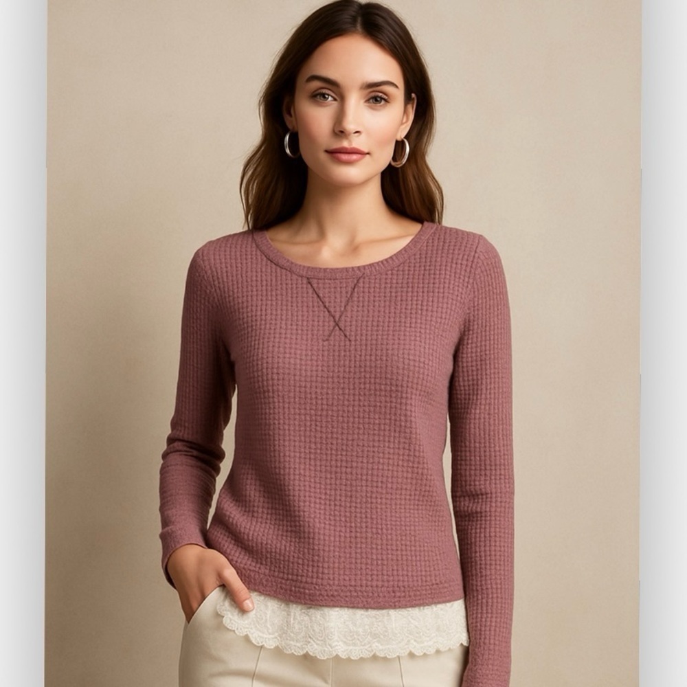Hem & Thread Waffle Knit Henley Long Sleeve Top Lace Trim Small Cottagecore